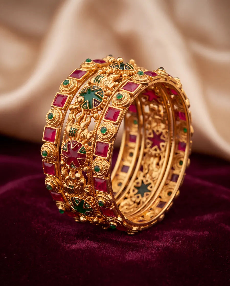 Temple bangles, ruby and emerald